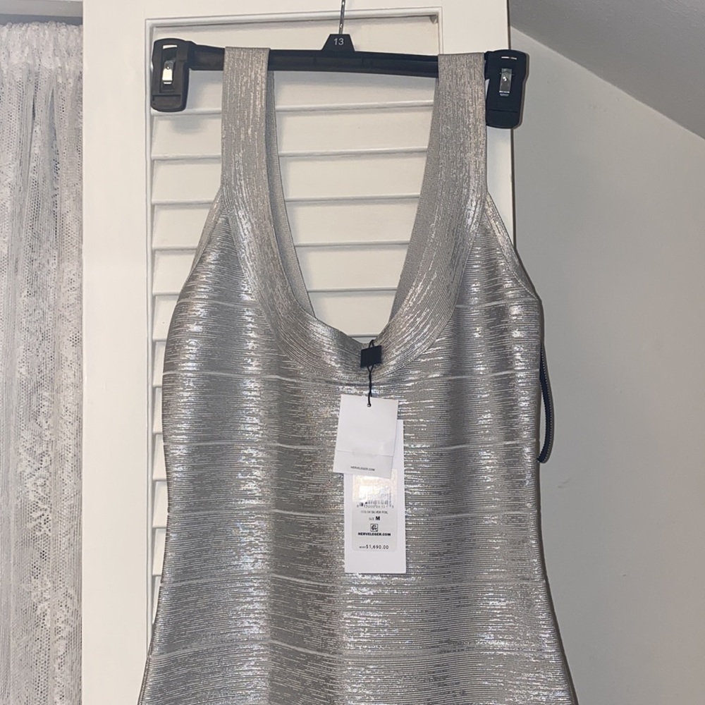 NWT Silver Foil Herve Leger Long Cocktail Dress - Picture 9 of 13